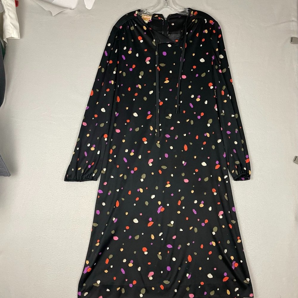 Vintage 70s It's a Leigh Women's Black Paint Splat Neck Strap Long Sleeve Dress